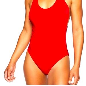Athleta Red Swimsuit One Piece Athletic High Cut Leg Sz MT Beach Vacation